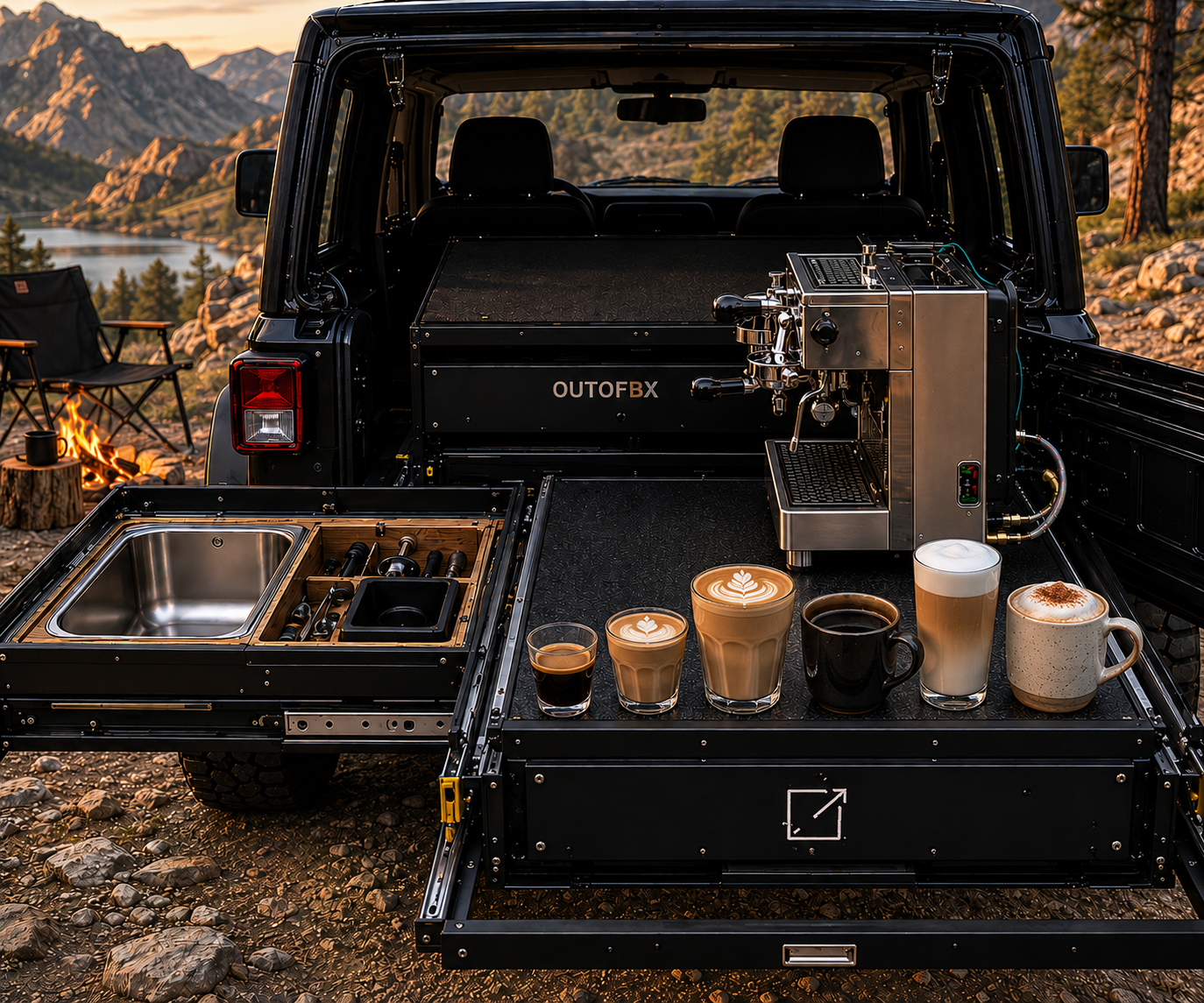 Fresh espresso and milk drinks served from the Barista 4x4 coffee setup